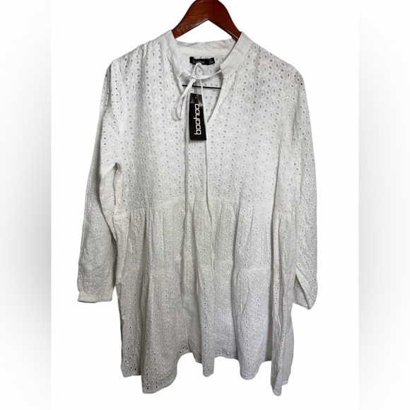 Boohoo Tops - Boohoo White Eyelet Tie-Neck Tunic Top